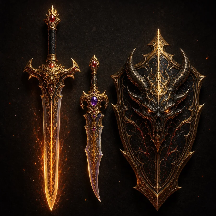 Infernal weapon set — sword, dagger and shield