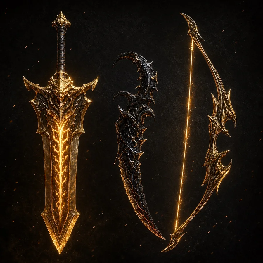 Dragonfang weapon set — greatsword, claw and bow