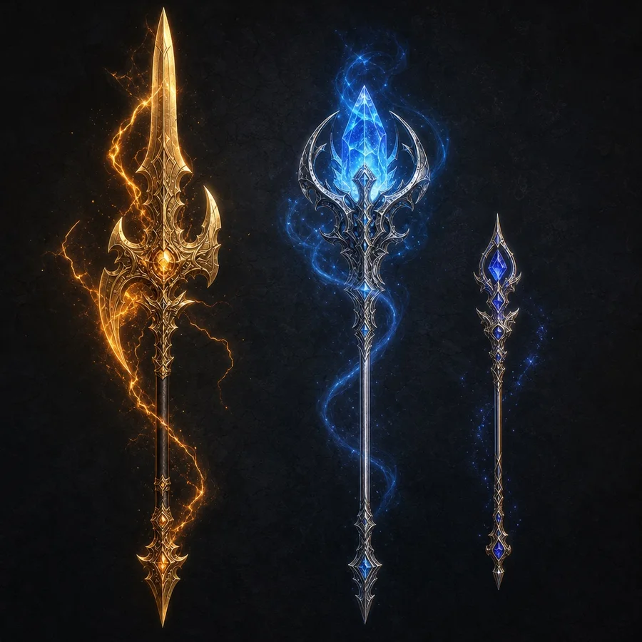 Arcane weapon set — polearm, staff and wand